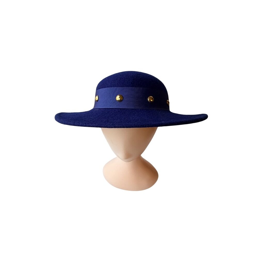 Vintage 1960s Navy‎ Wool Wide Brim Hat with Ribbon & Gold Stud Trim Elegant